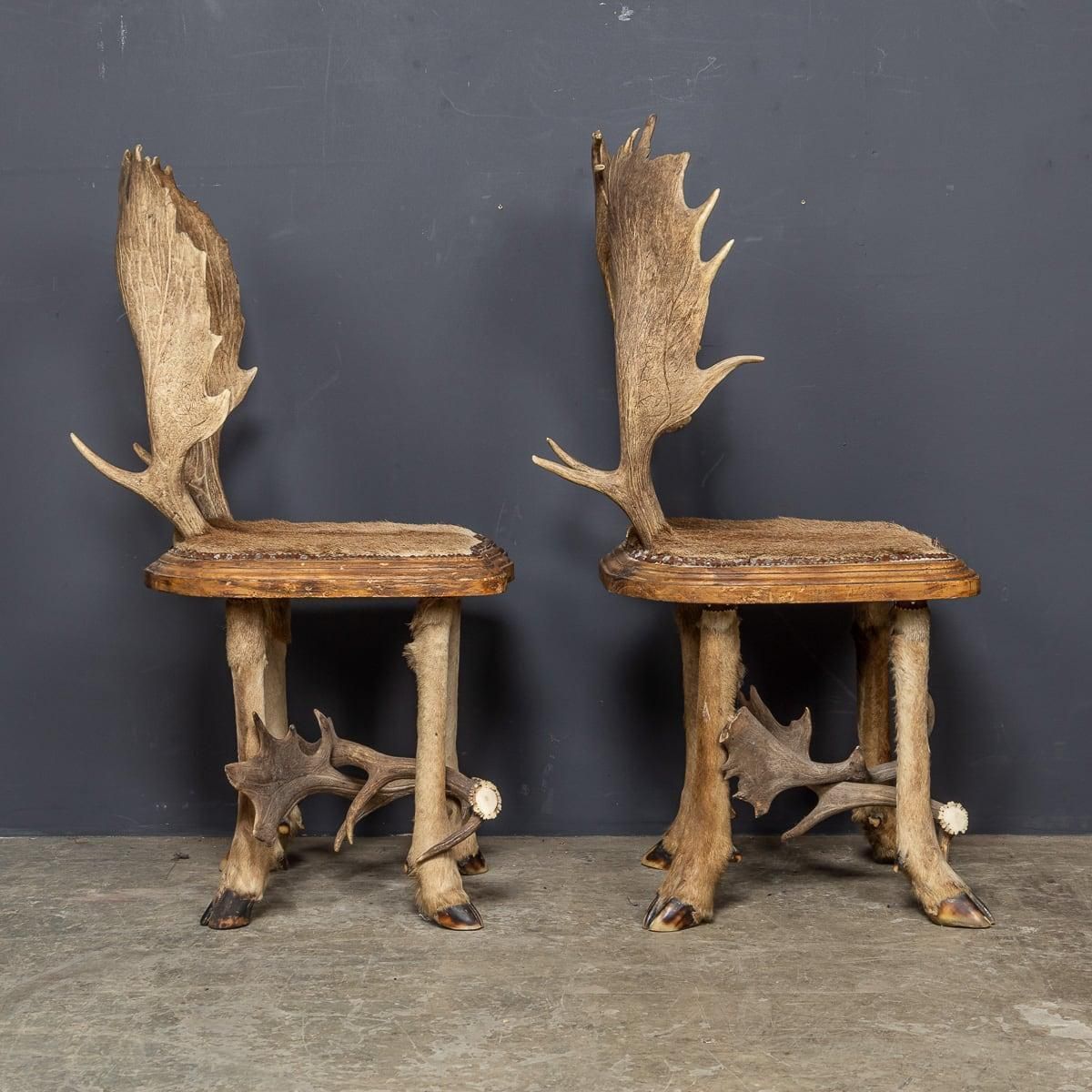 Antique 20th Century Austrian Pair Of Deer Antler Hall Chairs C.1900 photo vinterior