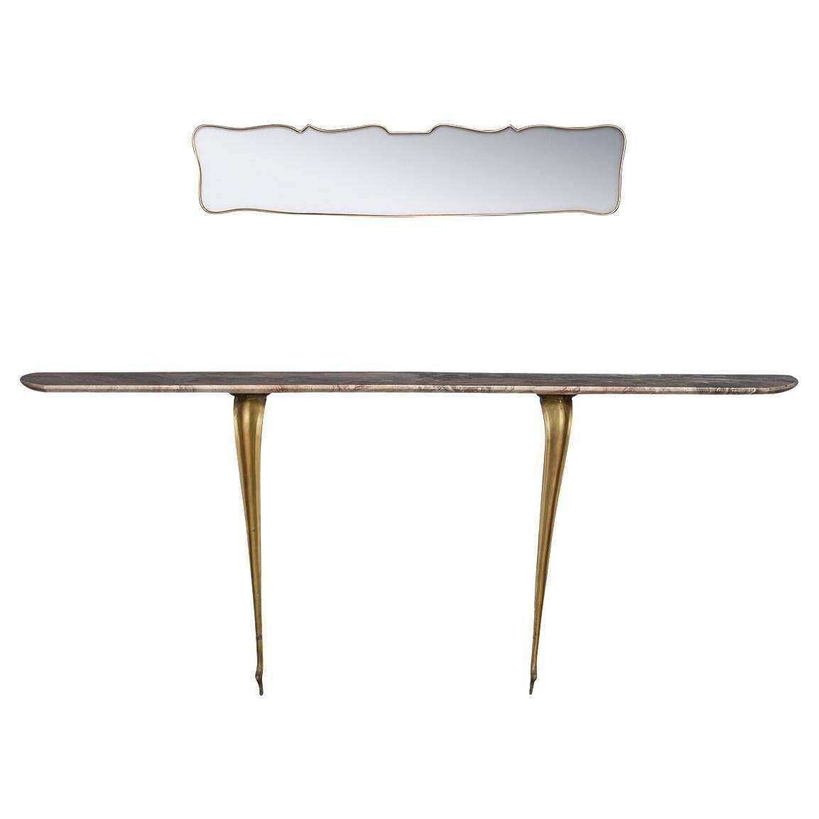 Mid 20th Century Italian Brass & Marble Console With Mirror C.1950