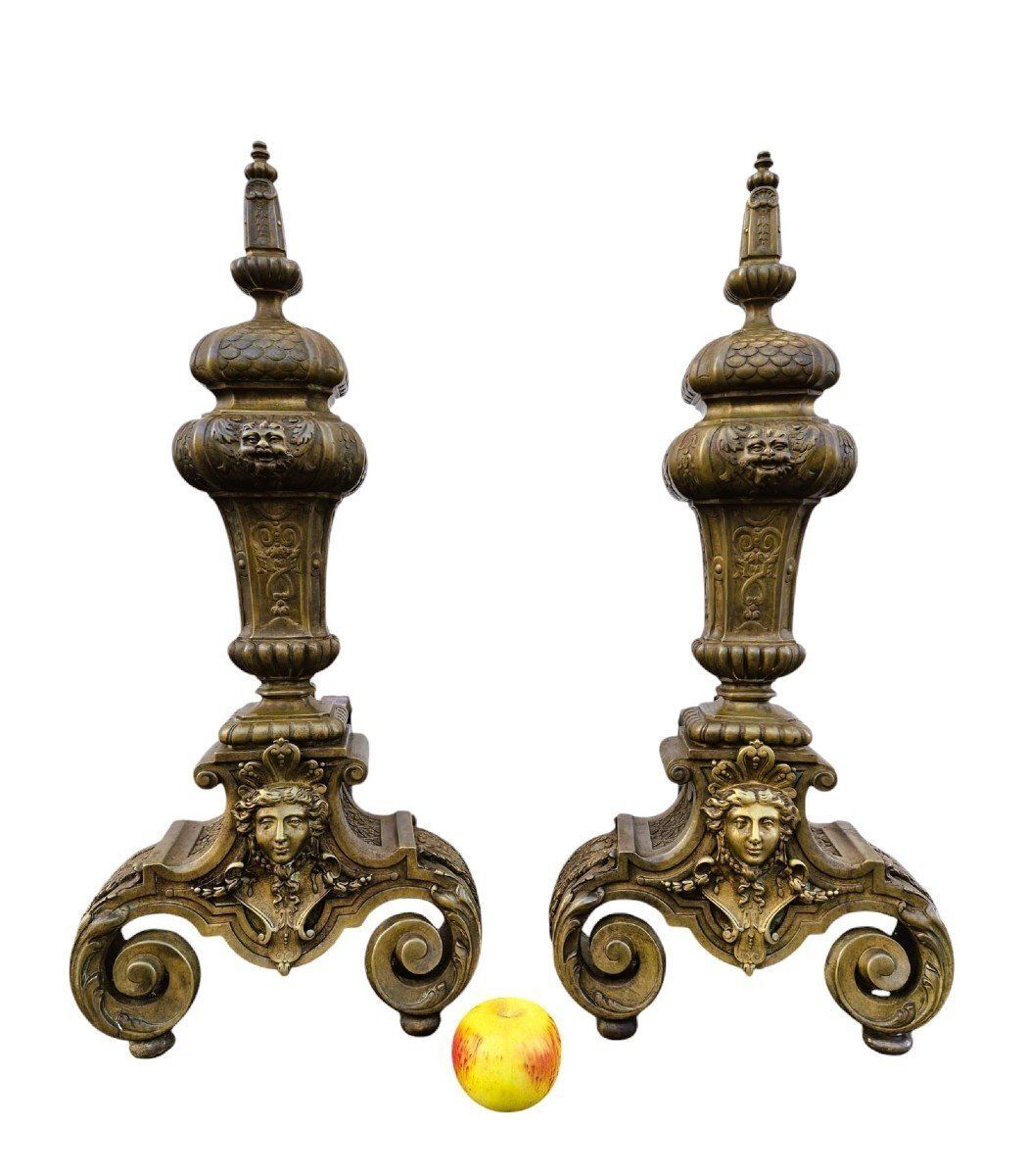 Pair Of Louis XIV Style Bronze And Iron Andirons, 19th Century photo Home Fixtures