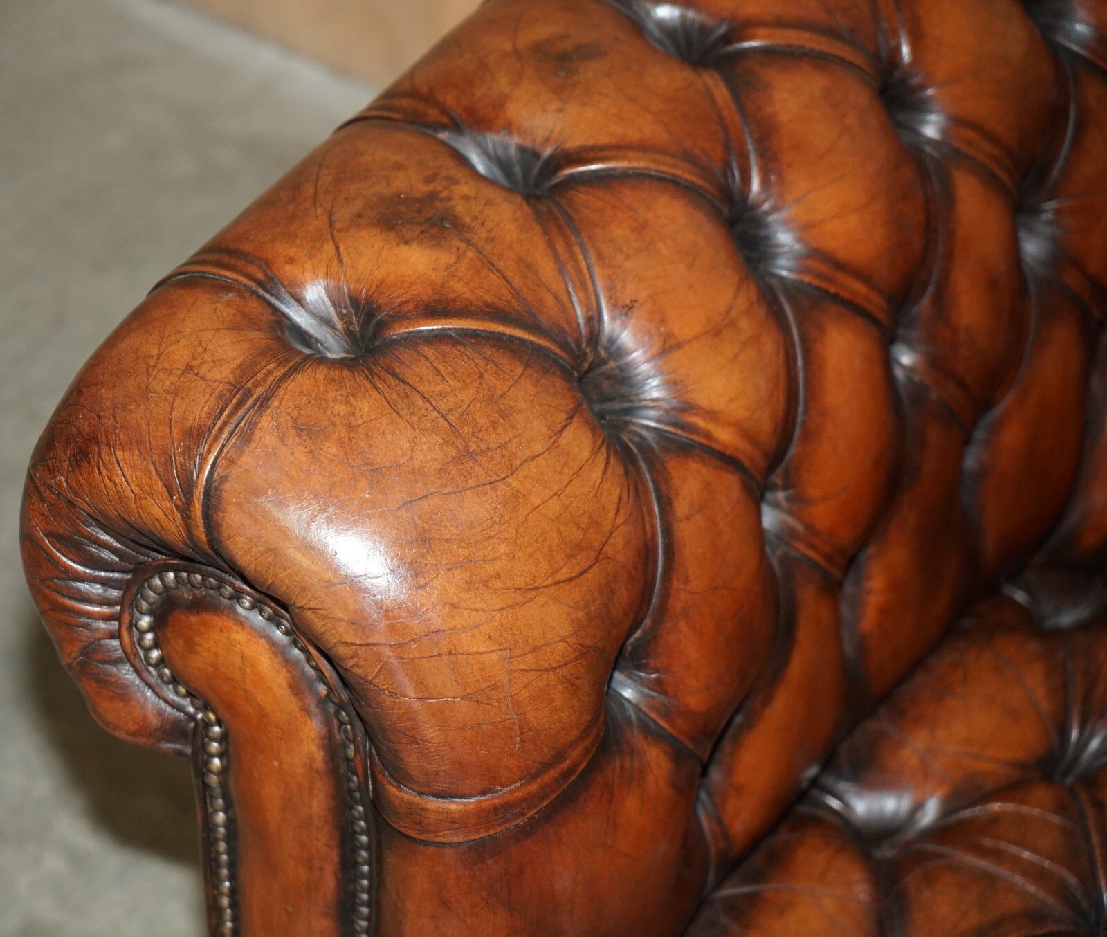 photo furniture Restored Antique Chesterfield Club Armchair Brown Leather Porcelain Castors