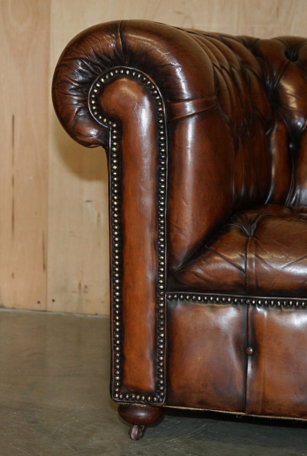 photo for sale Restored Antique Chesterfield Club Armchair Brown Leather Porcelain Castors