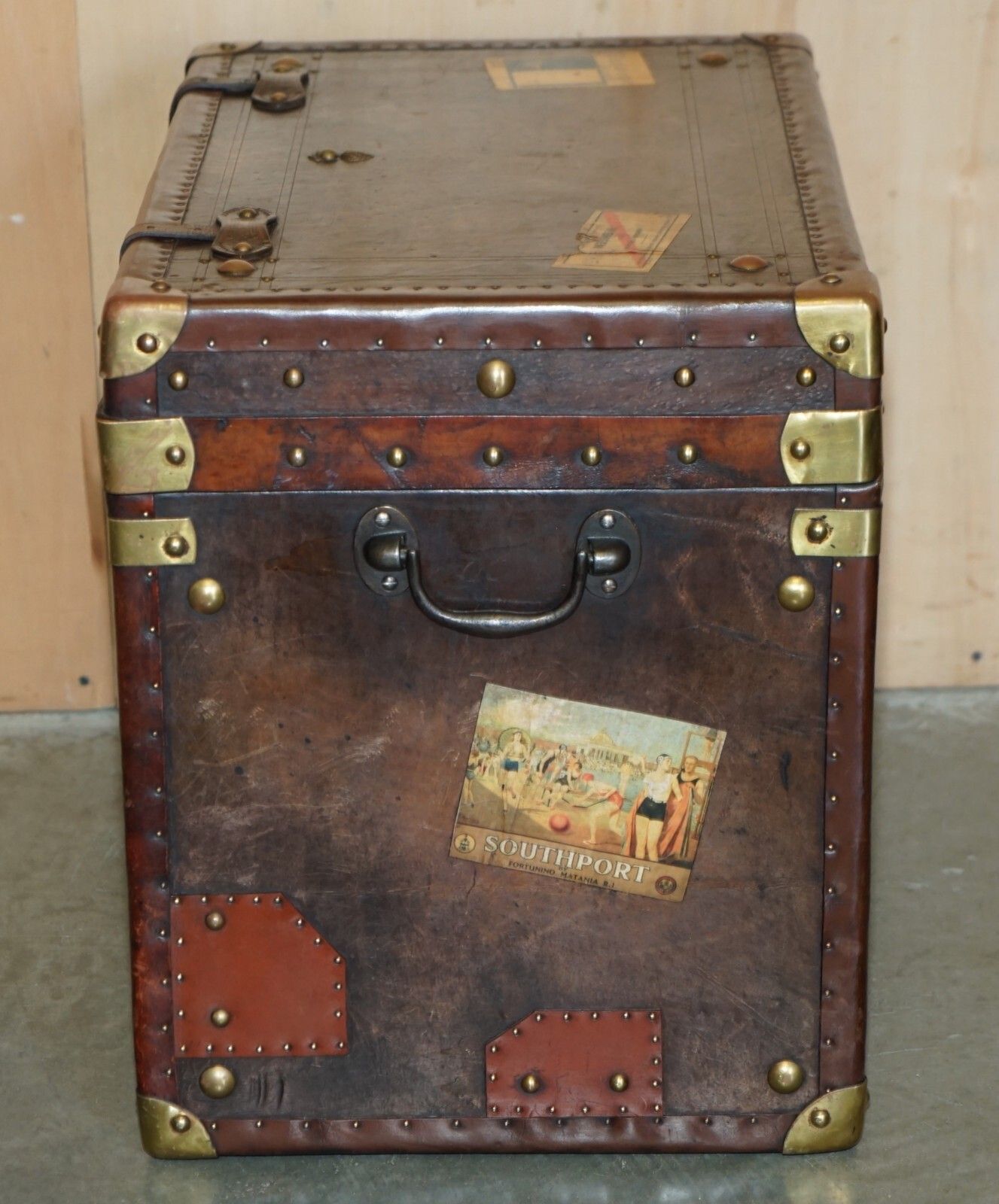 photo for sale Pair Of Armorial Coat Of Arms Vintage Brown Leather Steamer Trunk Side Tables