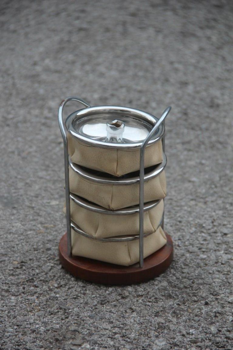 Portable Ashtray Faux Leather And Steel Italian Pop Art Design 1970s Round Black photo for sale