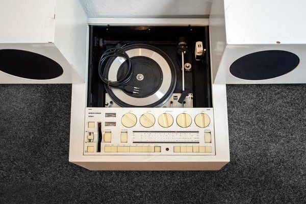 Radiogram Rr 130 Totem Chipboard In Plastic Laminate By Mario Bellini For Brionvega, Italy, 1970s photo for sale