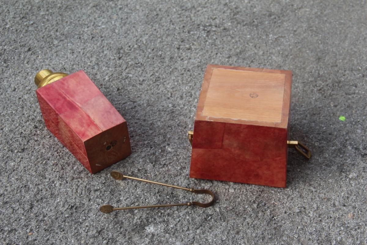 Set Aldo Tura Box Pitcher Red Color Brass And Goatskin Mid Century Modern 1950s photo buy