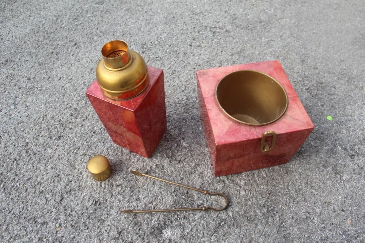 photo furniture Set Aldo Tura Box Pitcher Red Color Brass And Goatskin Mid Century Modern 1950s