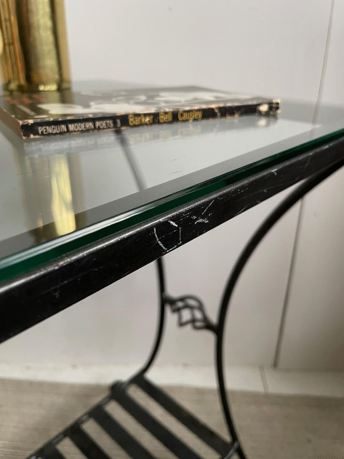 Industrial Wrought Iron Tall Side Table With Glass Top And Curved Legs photo for sale