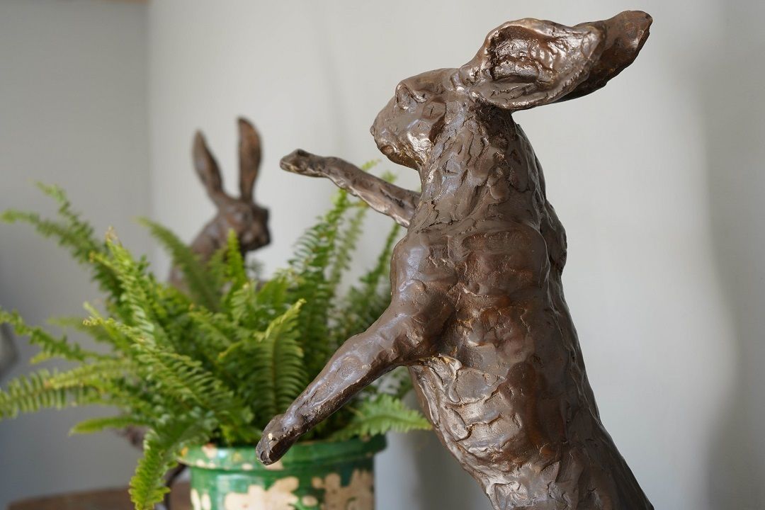 Pair Of Sculptured Boxing Hares In Bronze photo vinterior