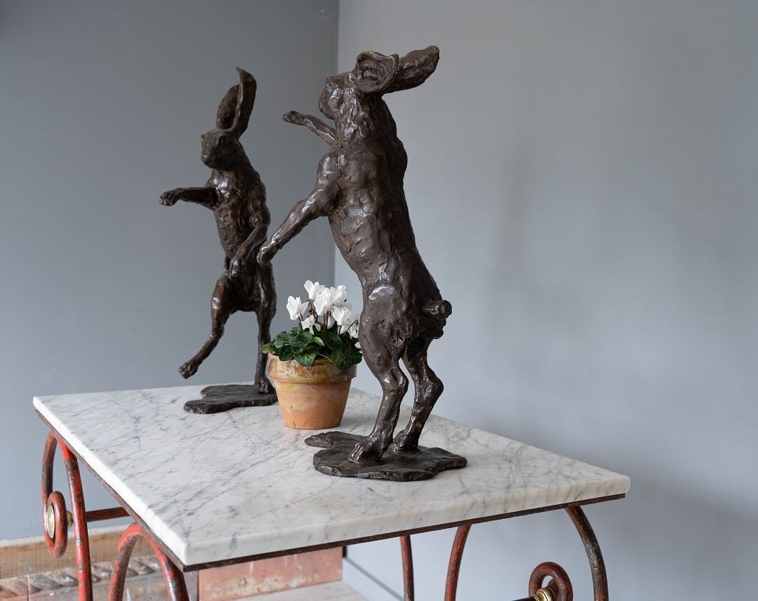 Pair Of Sculptured Boxing Hares In Bronze photo vintage