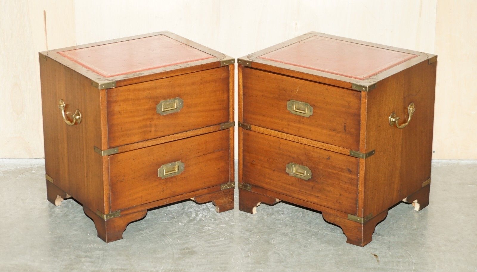 Pair Of Harrods Kennedy Military Campaign Side End Table Drawers Oxblood Leather photo furniture