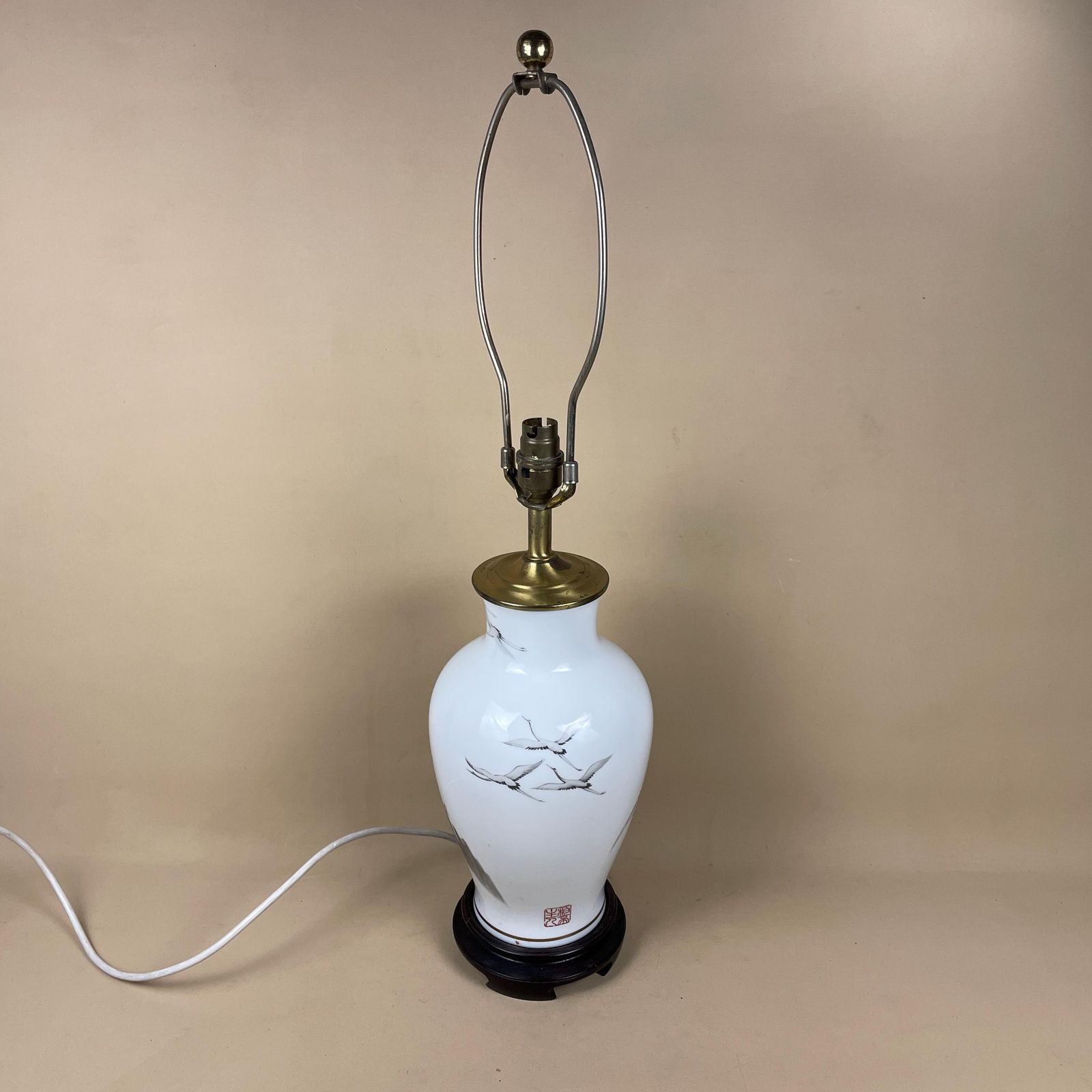 Vintage Ceramic Lamp Light Bedside Table Hand Painted Bird Design White Wood Base Oriental Chinese Vase Cottage Antique Brass Symbols Birds photo for sale