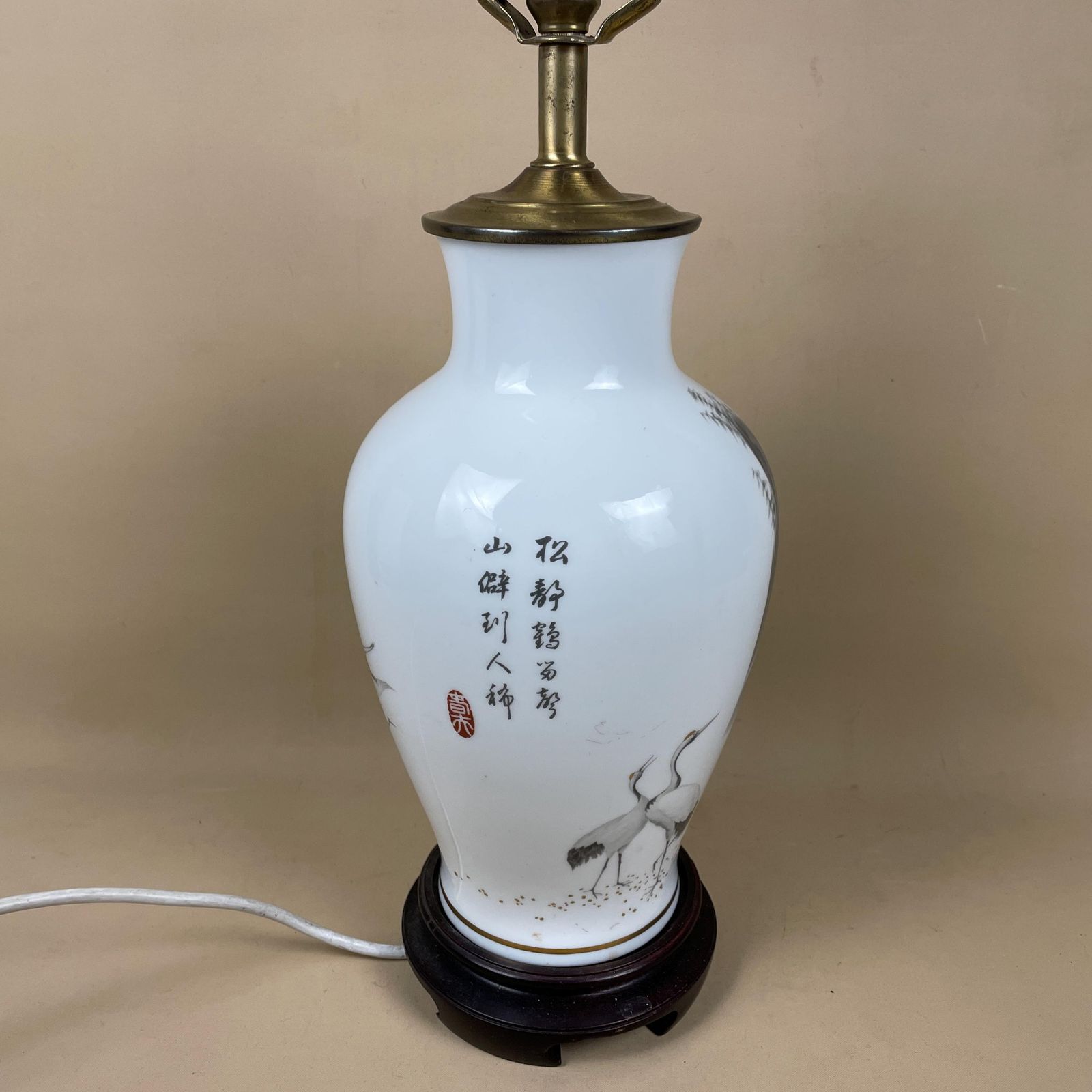 Vintage Ceramic Lamp Light Bedside Table Hand Painted Bird Design White Wood Base Oriental Chinese Vase Cottage Antique Brass Symbols Birds photo vintage