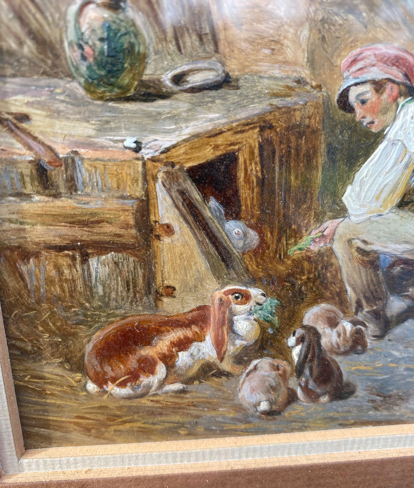 19th Century Oil Painting Tending The Rabbits photo 185.0