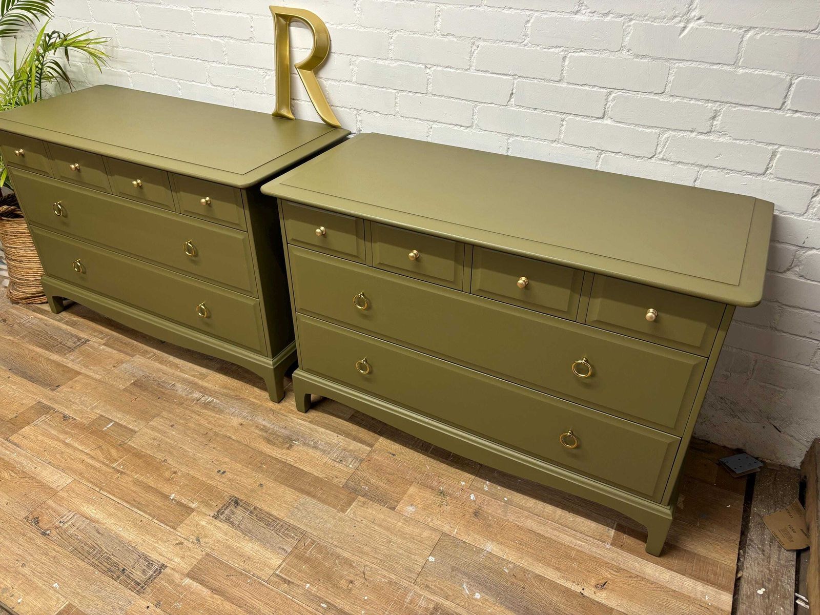 Stag Minstrel Pair Of 4 Over 2 Chest Of Drawers Painted Sage Green photo 1290.0