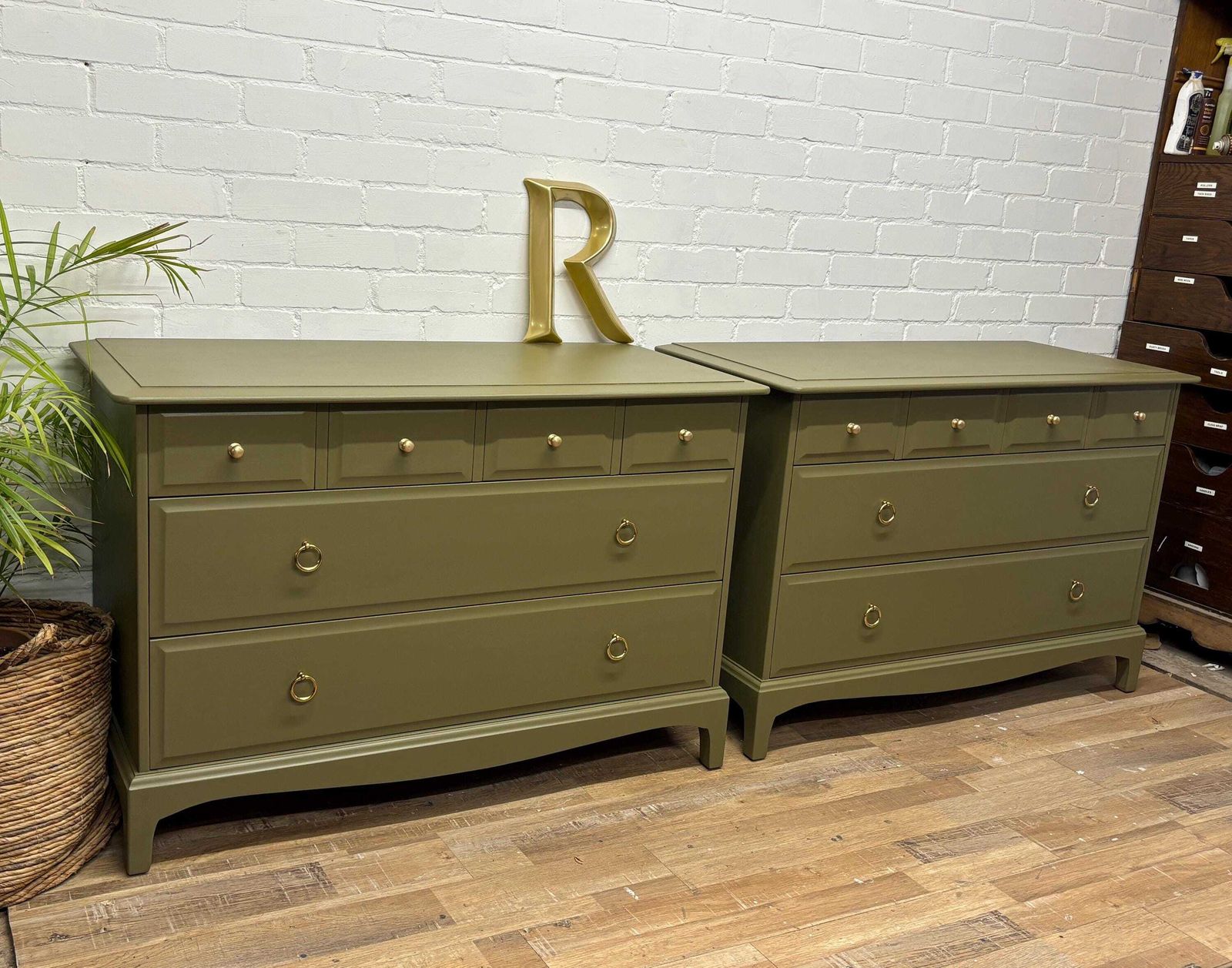 Stag Minstrel Pair Of 4 Over 2 Chest Of Drawers Painted Sage Green photo vinterior