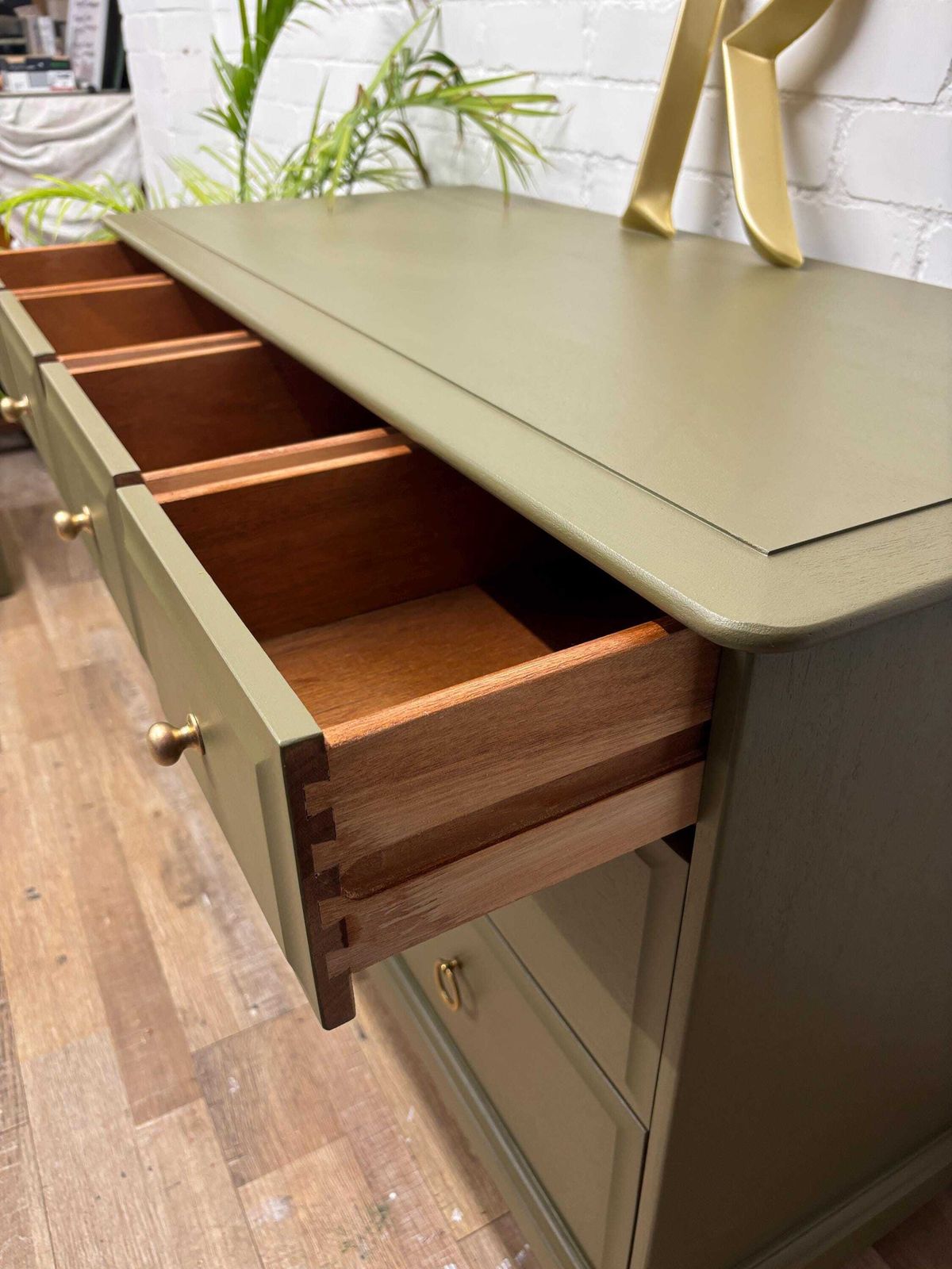 photo for sale Stag Minstrel Pair Of 4 Over 2 Chest Of Drawers Painted Sage Green