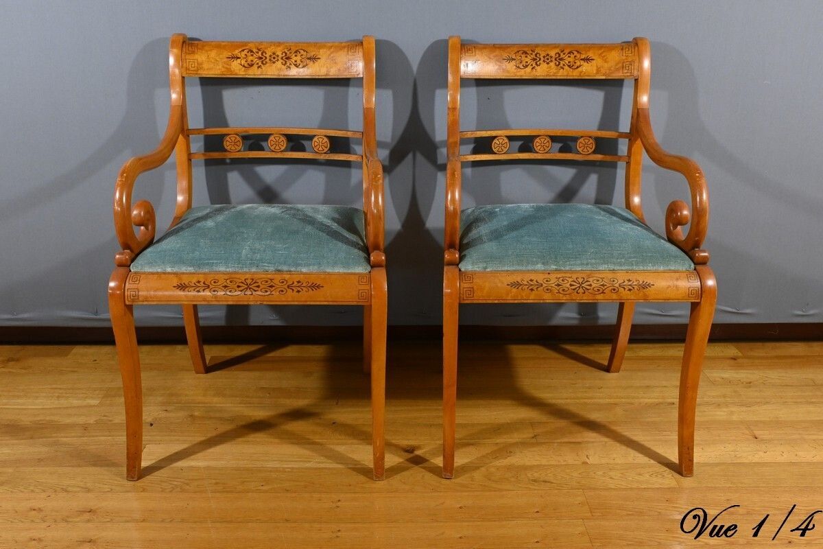 Pair Of Charles X Style Speckled Maple Armchairs – Mid 20th Century photo Furniture