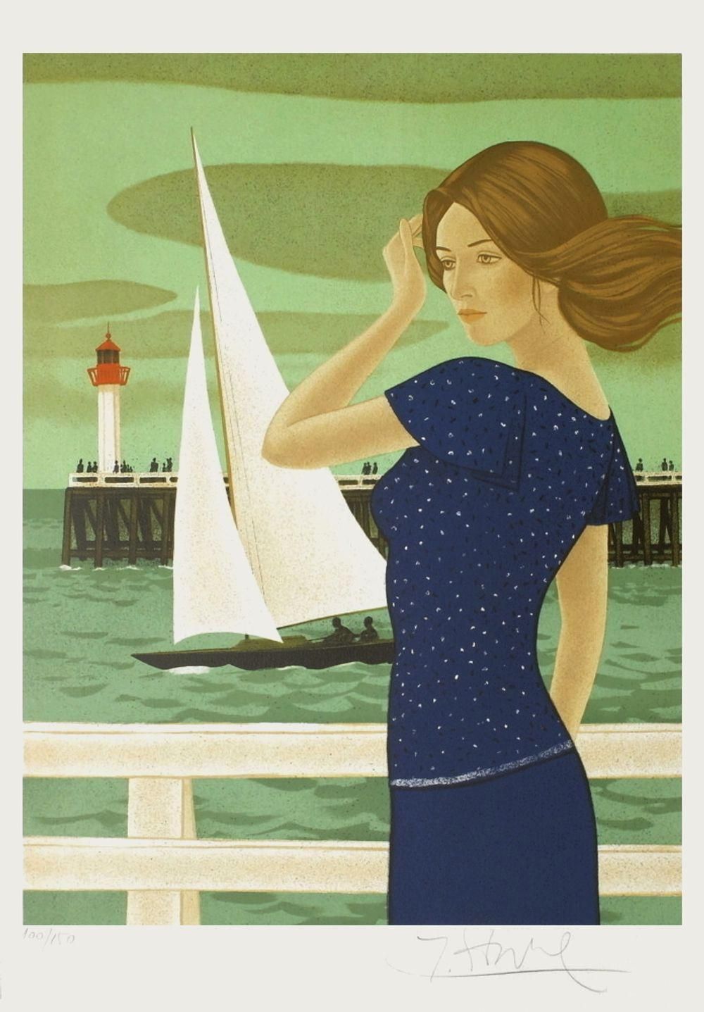 1975 Yves Ganne A Woman By The Sea Lithograph