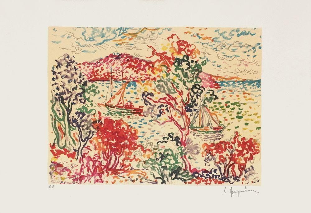 1985 Lucien Neuquelman Riviera Landscape Lithograph photo furniture