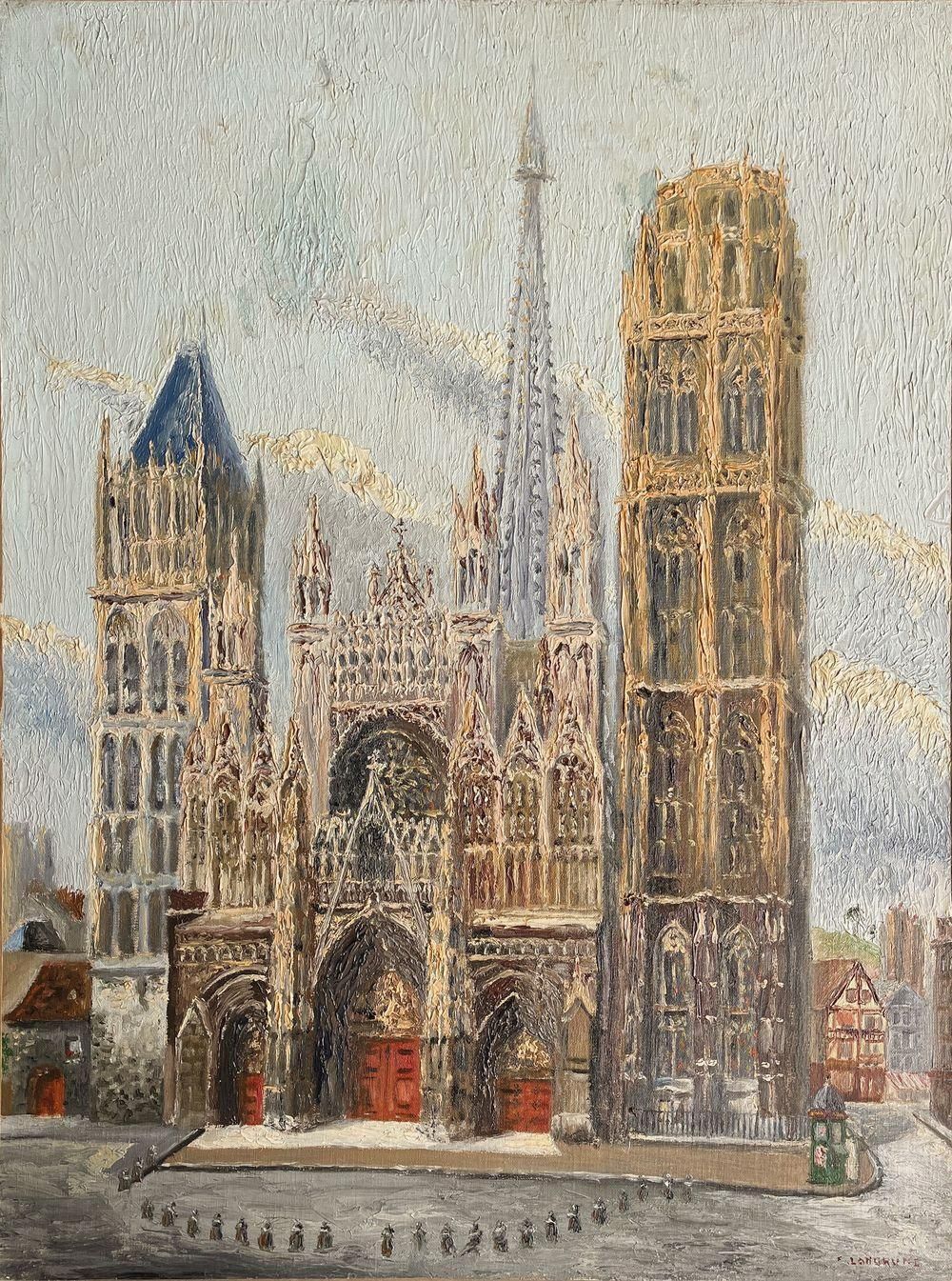 1920 Bernard Langrune Rouen Cathedral Oil On Canvas photo for sale