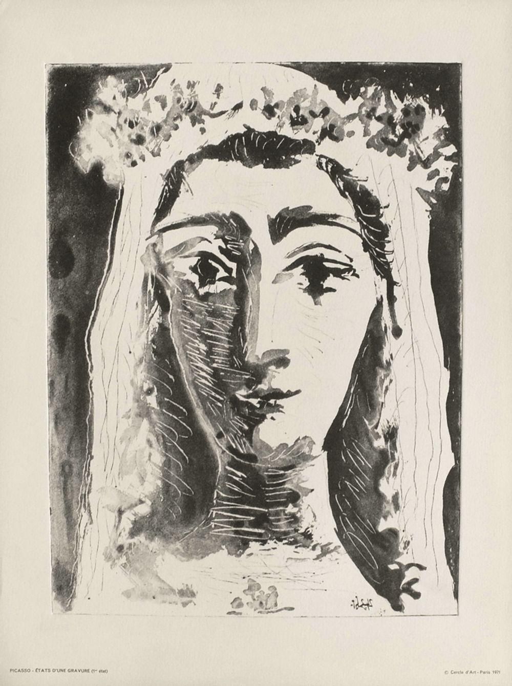 1971 After Pablo Picasso Jacqueline En Mariée De Face Photolithograph photo furniture