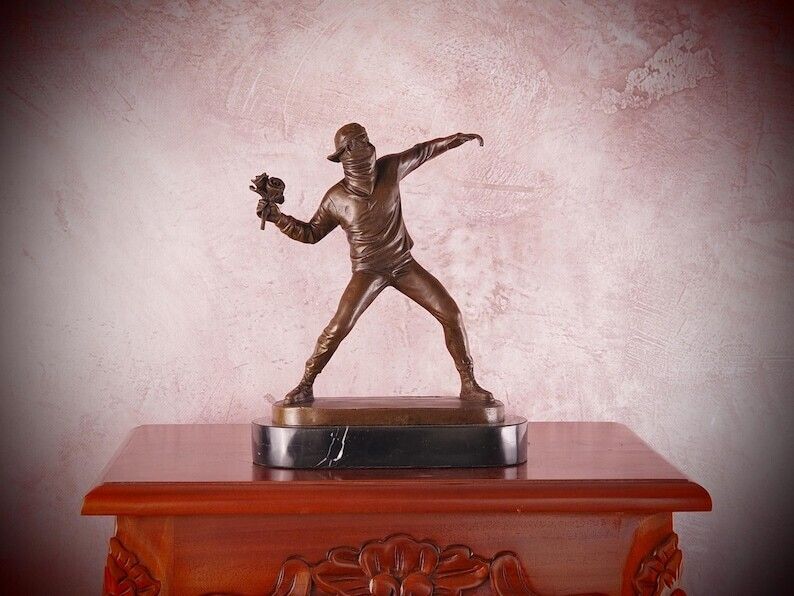 Bronze Banksy Flower Thrower Sculpture: Contemporary Street Art Masterpiece For Modern Home Decor