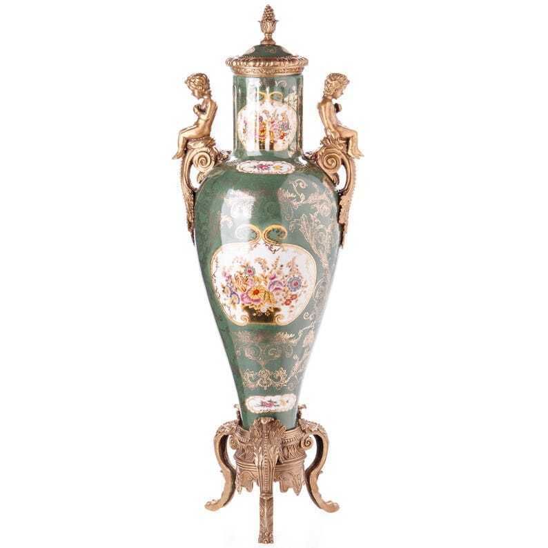 Antiqua Style Porcelain Vase With Bronze Lid And Angel Motifs – Perfect Gift For Antique Lovers photo furniture