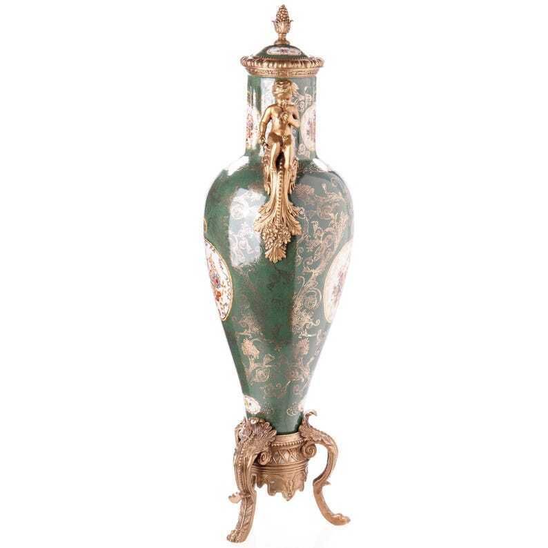 Antiqua Style Porcelain Vase With Bronze Lid And Angel Motifs – Perfect Gift For Antique Lovers photo for sale