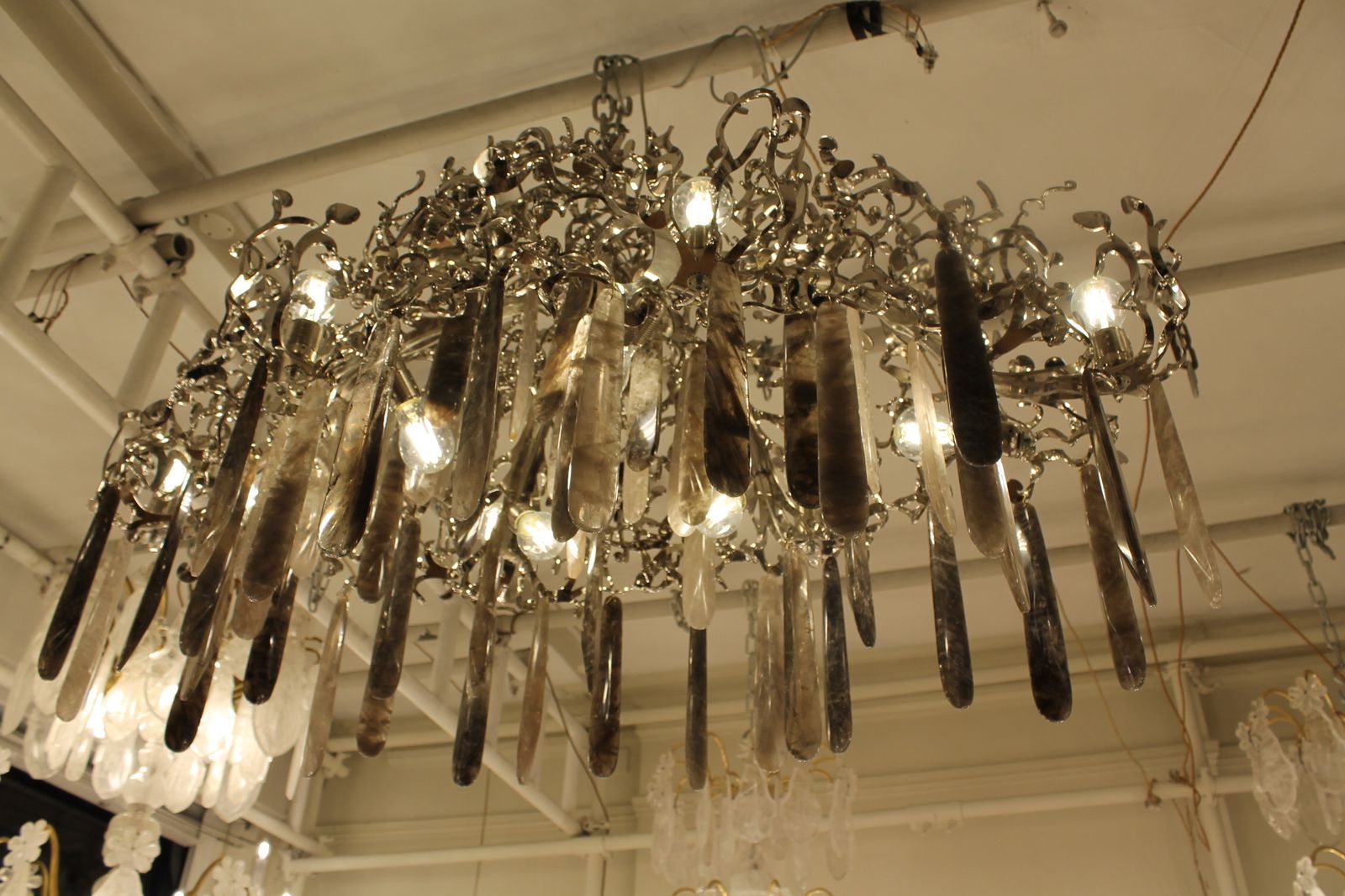 A Unique Hand Made Chandelier In Nickel Steel, Smoked & Clear Rock Crystal