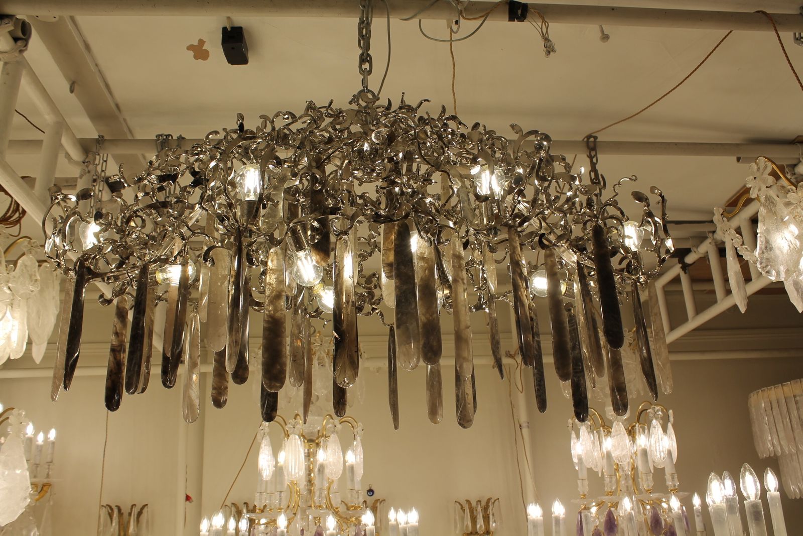 A Unique Hand Made Chandelier In Nickel Steel, Smoked & Clear Rock Crystal photo for sale