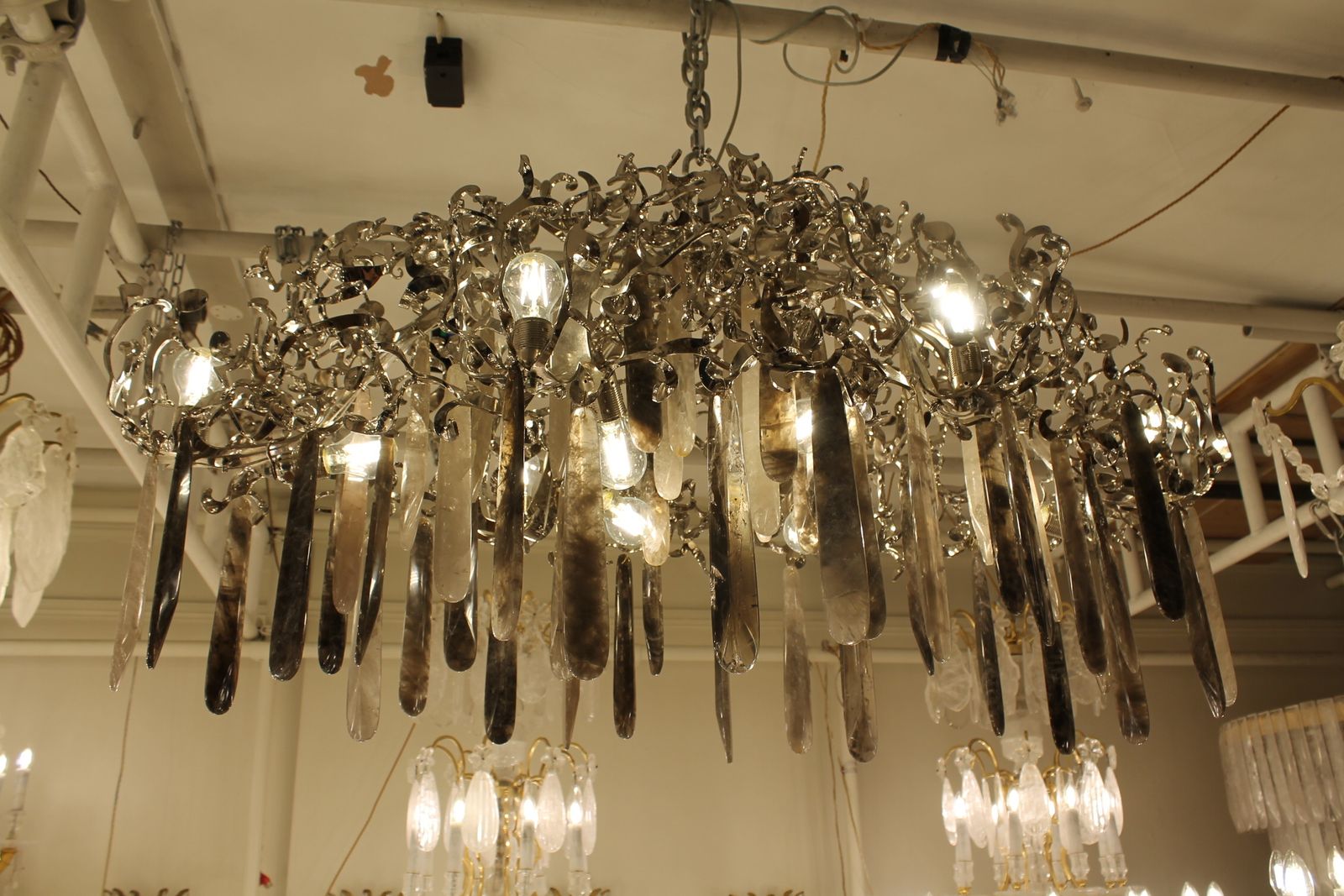 A Unique Hand Made Chandelier In Nickel Steel, Smoked & Clear Rock Crystal photo 8000.0