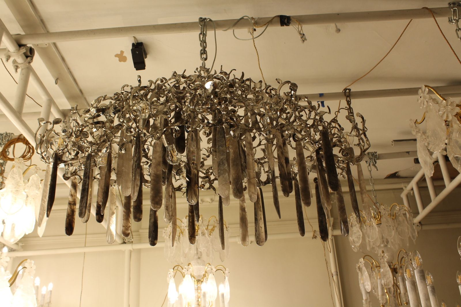 A Unique Hand Made Chandelier In Nickel Steel, Smoked & Clear Rock Crystal photo vinterior