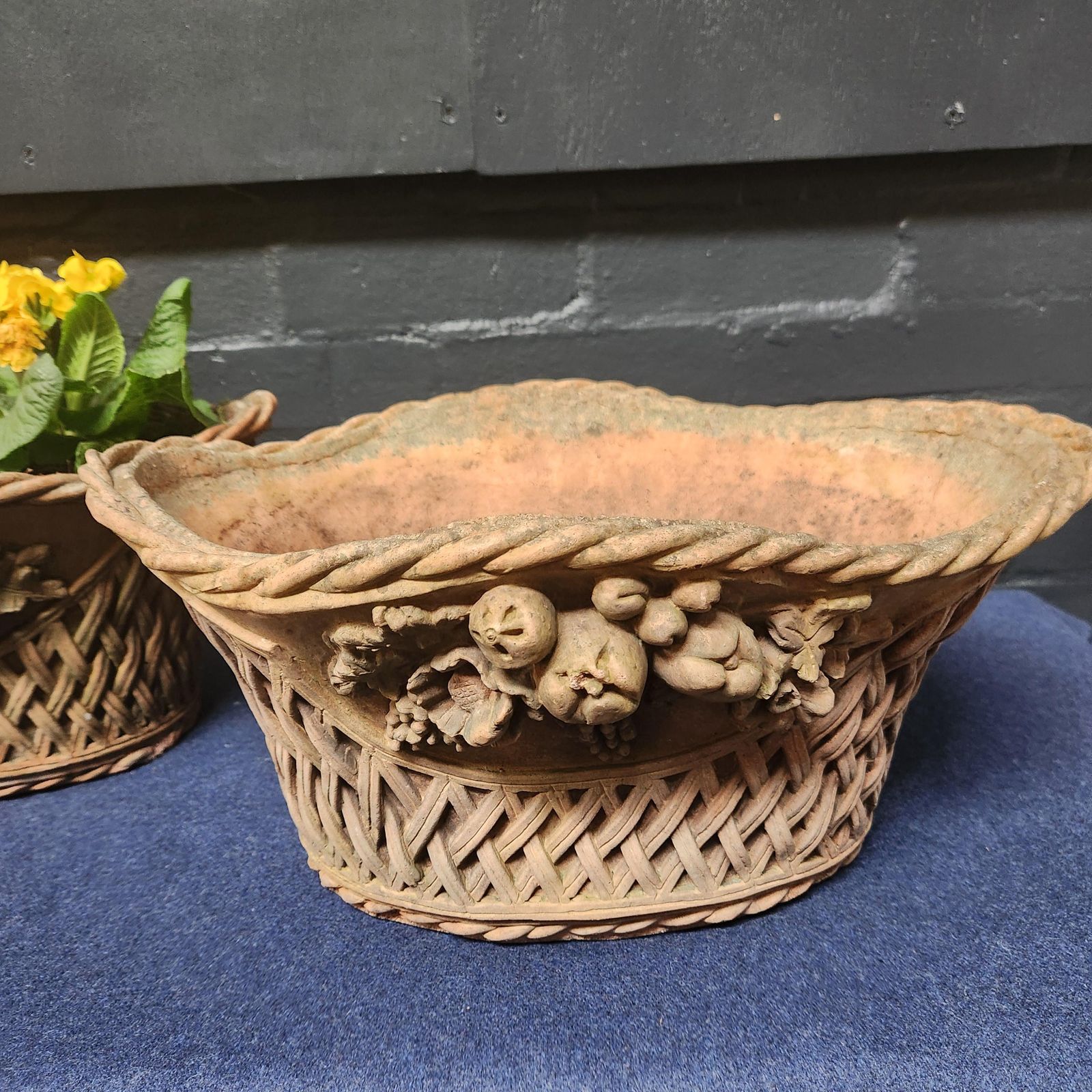 Pair Ornate Weathered Terracotta Basket Weave Style Planters photo for sale