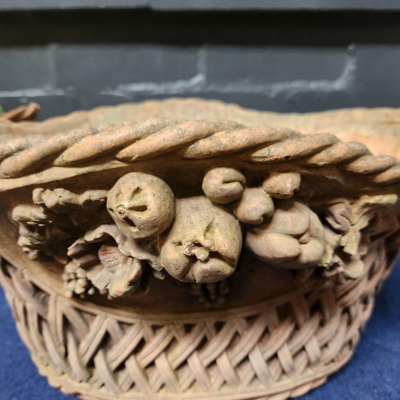 Pair Ornate Weathered Terracotta Basket Weave Style Planters photo Garden Decor