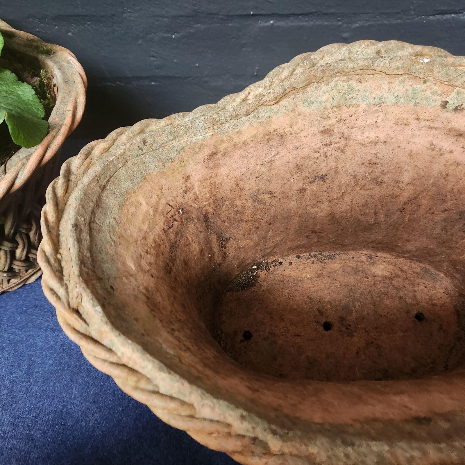 Pair Ornate Weathered Terracotta Basket Weave Style Planters photo buy