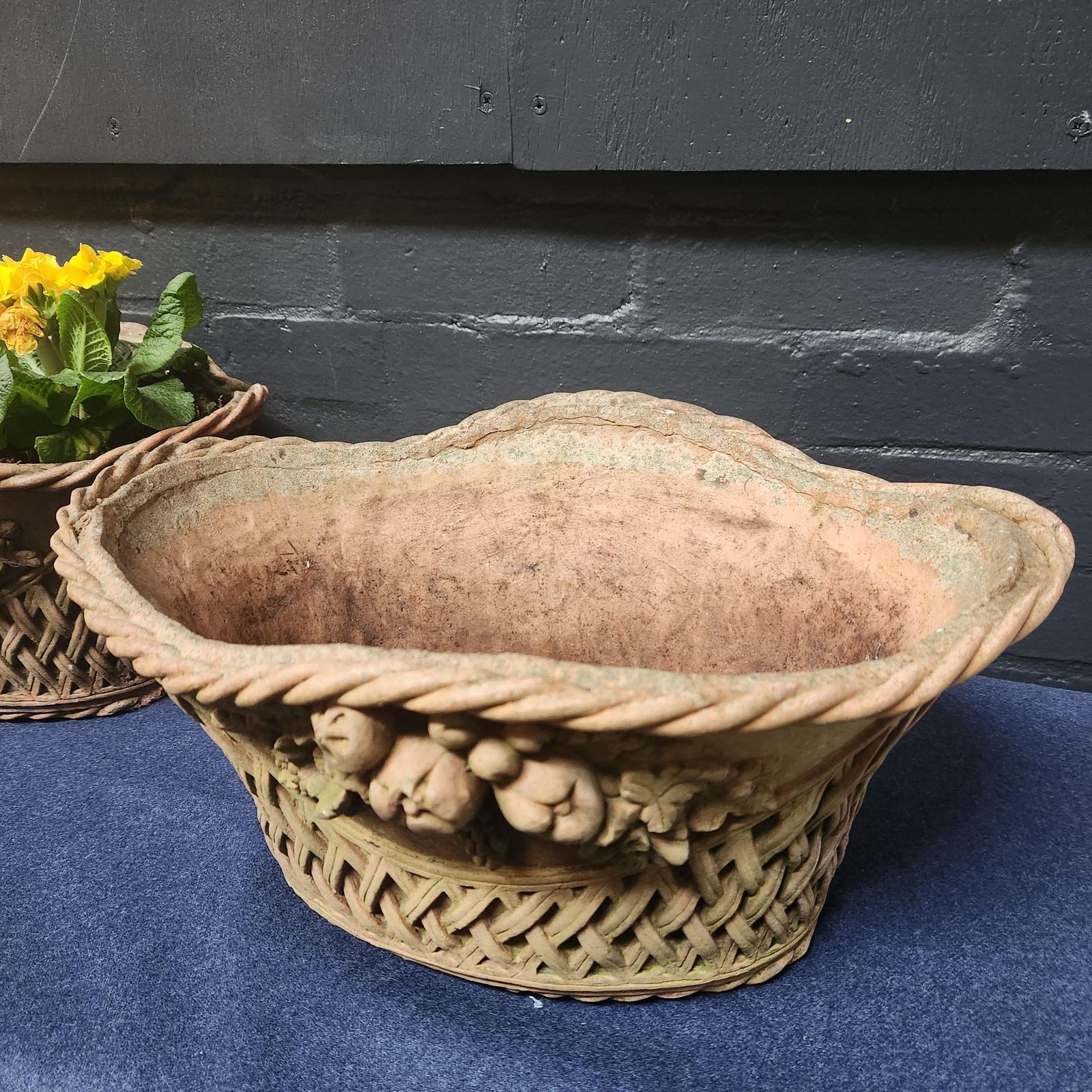 Pair Ornate Weathered Terracotta Basket Weave Style Planters photo vintage