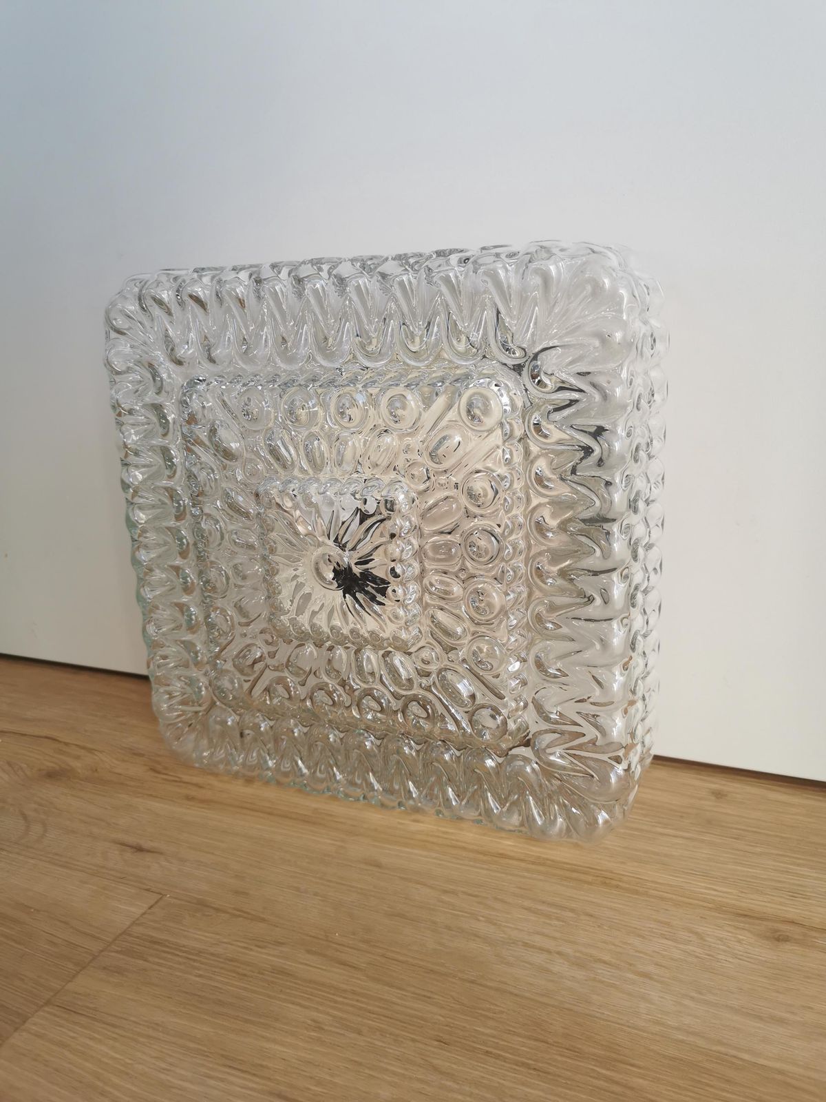 Vintage Square Embossed Glass Ceiling Fixture / Retro 1970s Wall Or Ceiling Lamp / Mid Century Lighting With Relief Details photo Lighting