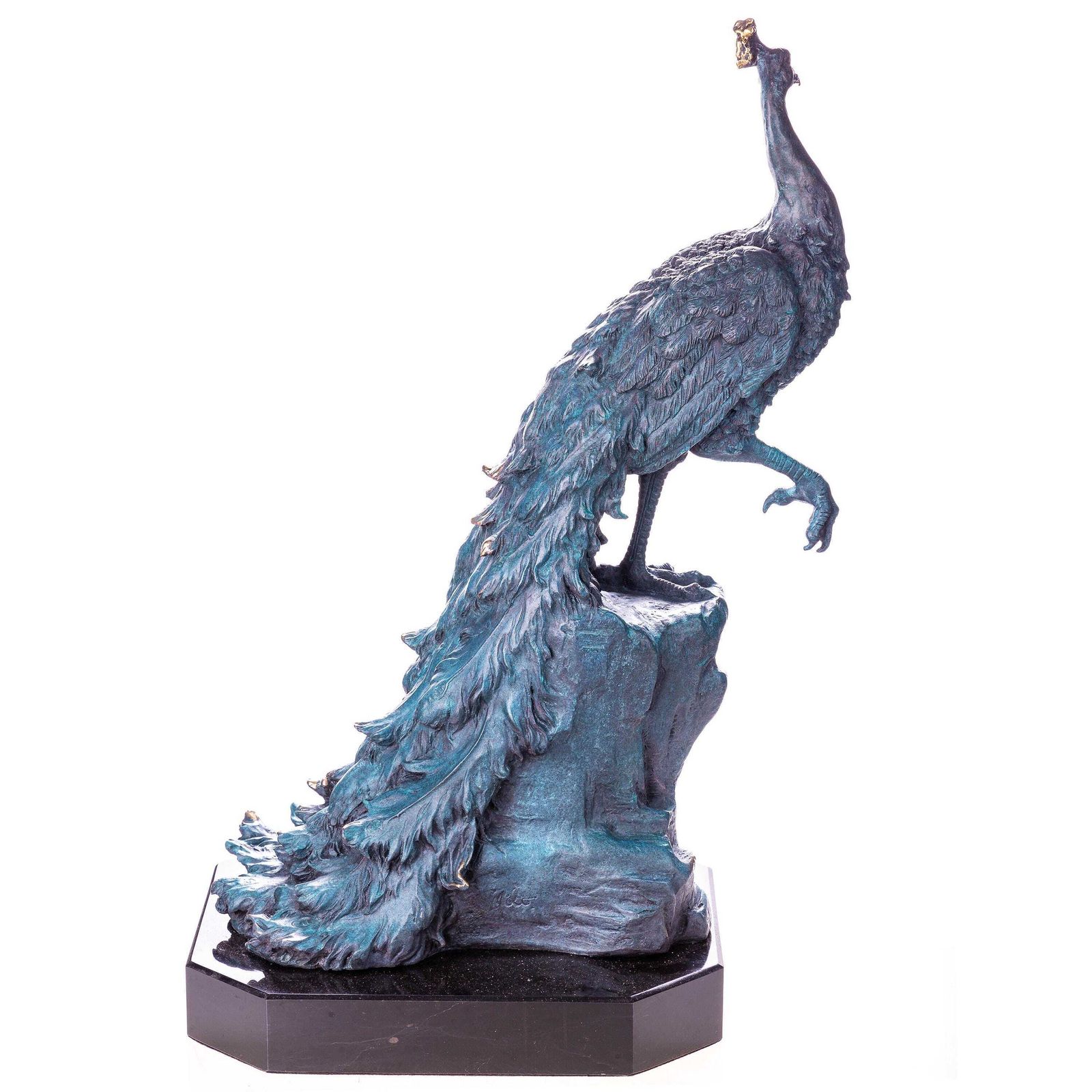 Elegant Green Patina Bronze Peacock Sculpture: Majestic Art Nouveau Style Decorative Statue For Home photo for sale