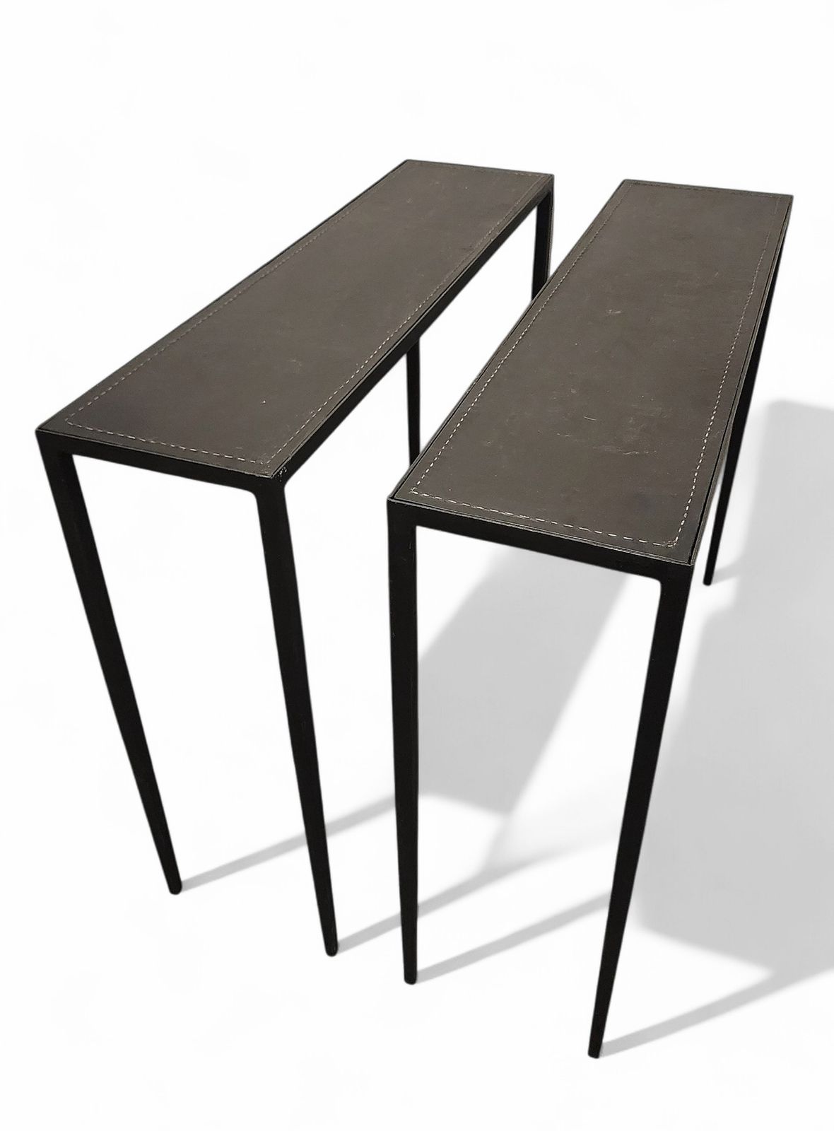 Pair Of Early 20th Century Art Déco Jean Michel Frank Style Dark Iron Rectangular Consoles With Leather Surface By Comte S.A., Argentina photo Furniture
