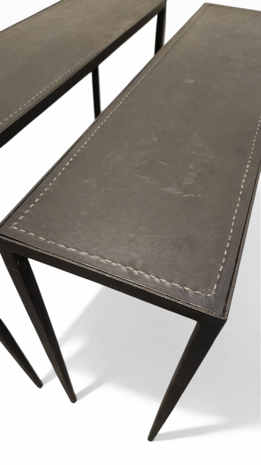Pair Of Early 20th Century Art Déco Jean Michel Frank Style Dark Iron Rectangular Consoles With Leather Surface By Comte S.A., Argentina photo buy