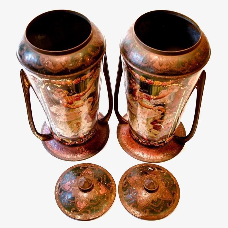 Pair Of 19th C. Printed Tole Tea Urns  Indian Dancers From The Victorian Era photo furniture