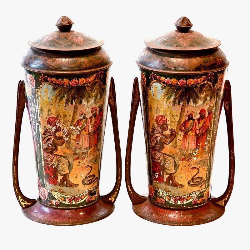 Pair Of 19th C. Printed Tole Tea Urns  Indian Dancers From The Victorian Era photo for sale