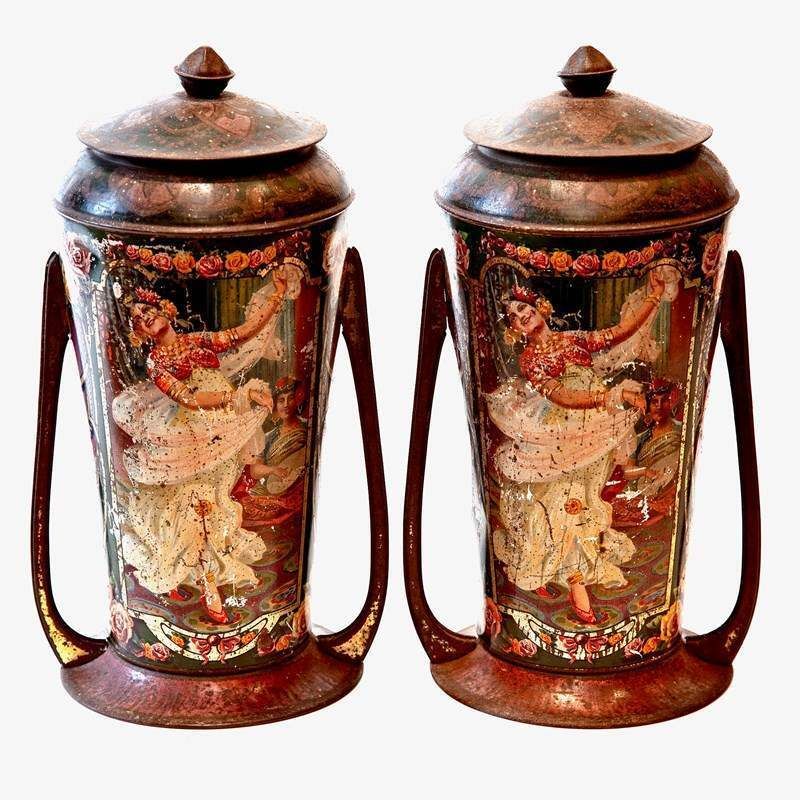 Pair Of 19th C. Printed Tole Tea Urns  Indian Dancers From The Victorian Era