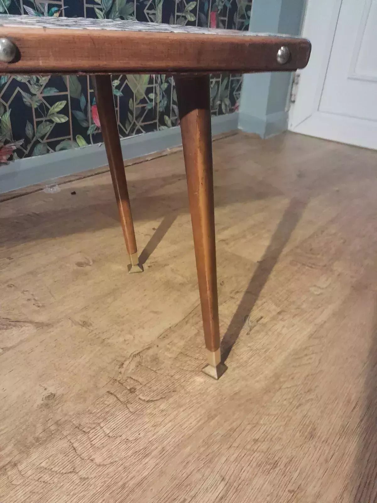 Mid Century Modern 1950s Teak Coffee Table With Tile Top And Brass Feet photo vinterior