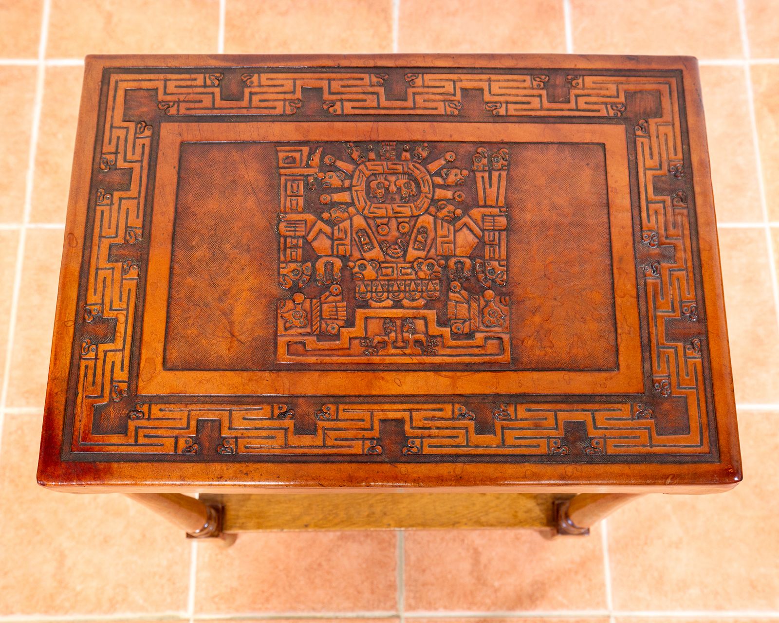 Embossed Leather End Side Table Peruvian 1960s Mid Century Geometric Tooled Leather Viracocha Peru Leather Mexican Aztec Mcm photo furniture