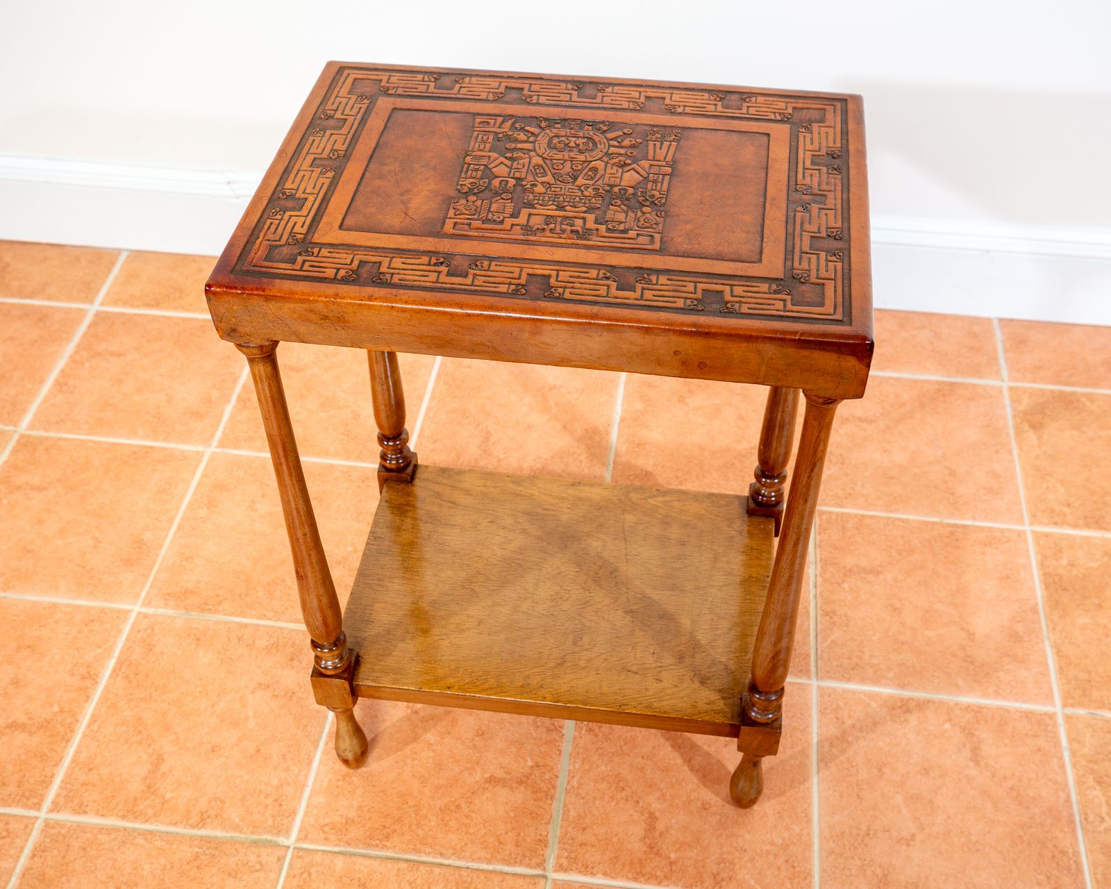 Embossed Leather End Side Table Peruvian 1960s Mid Century Geometric Tooled Leather Viracocha Peru Leather Mexican Aztec Mcm photo vinterior