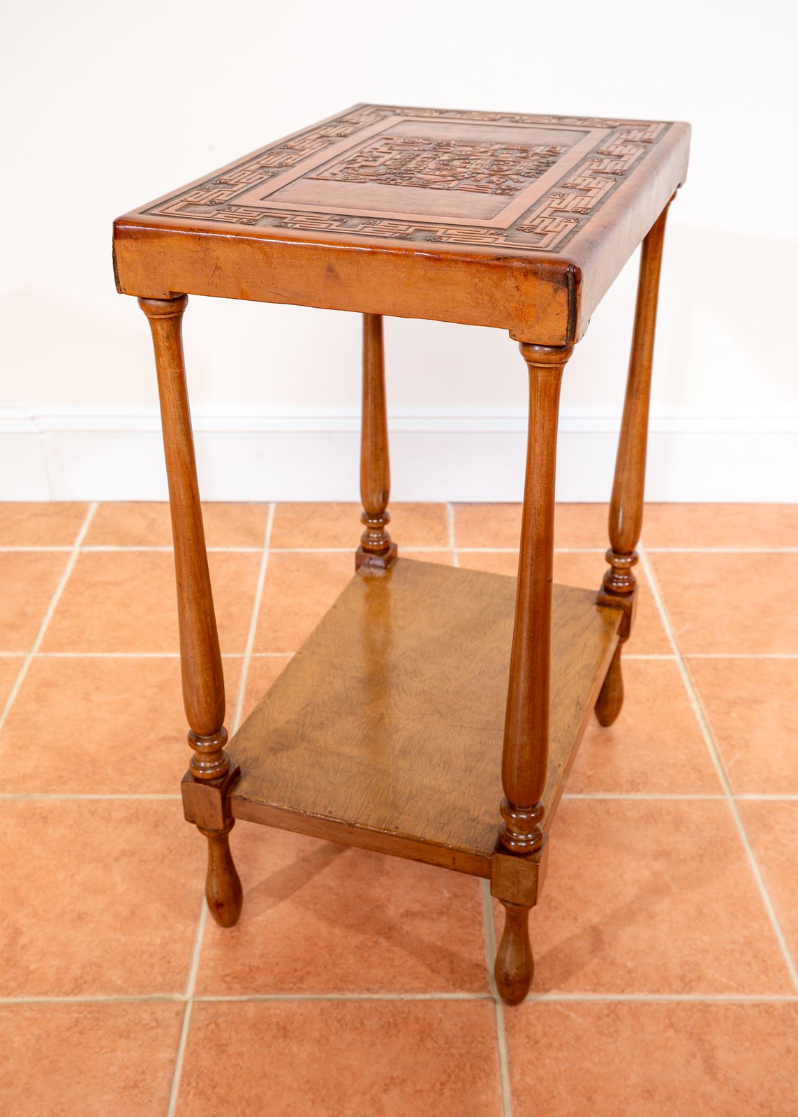 photo buy Embossed Leather End Side Table Peruvian 1960s Mid Century Geometric Tooled Leather Viracocha Peru Leather Mexican Aztec Mcm