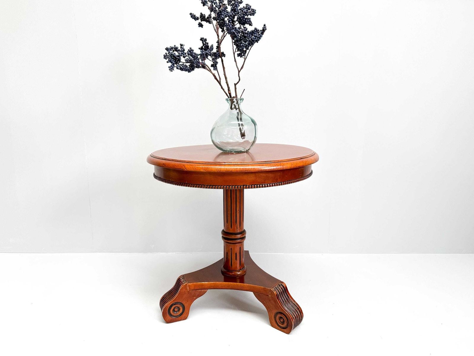Vintage Round Wooden Pedestal Table With Ornate Carved Base