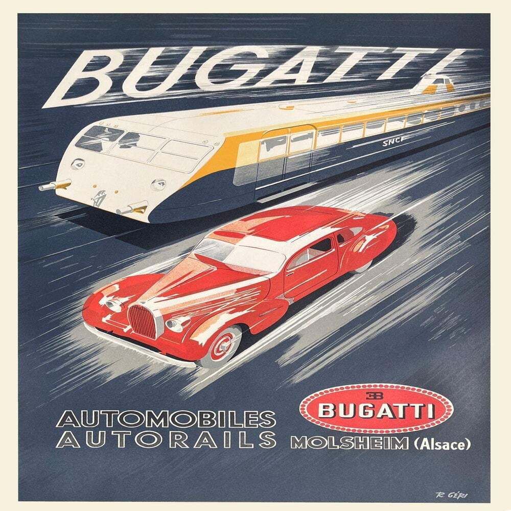 1938 Bugatti Automobiles Poster 1980s Lithograph Reissue