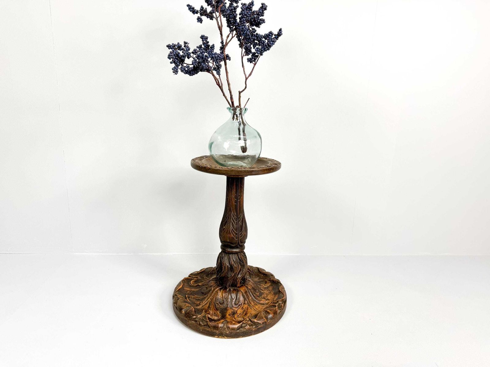 Antique Wooden Plant Stand With Carved Decor, Wooden Pedestal